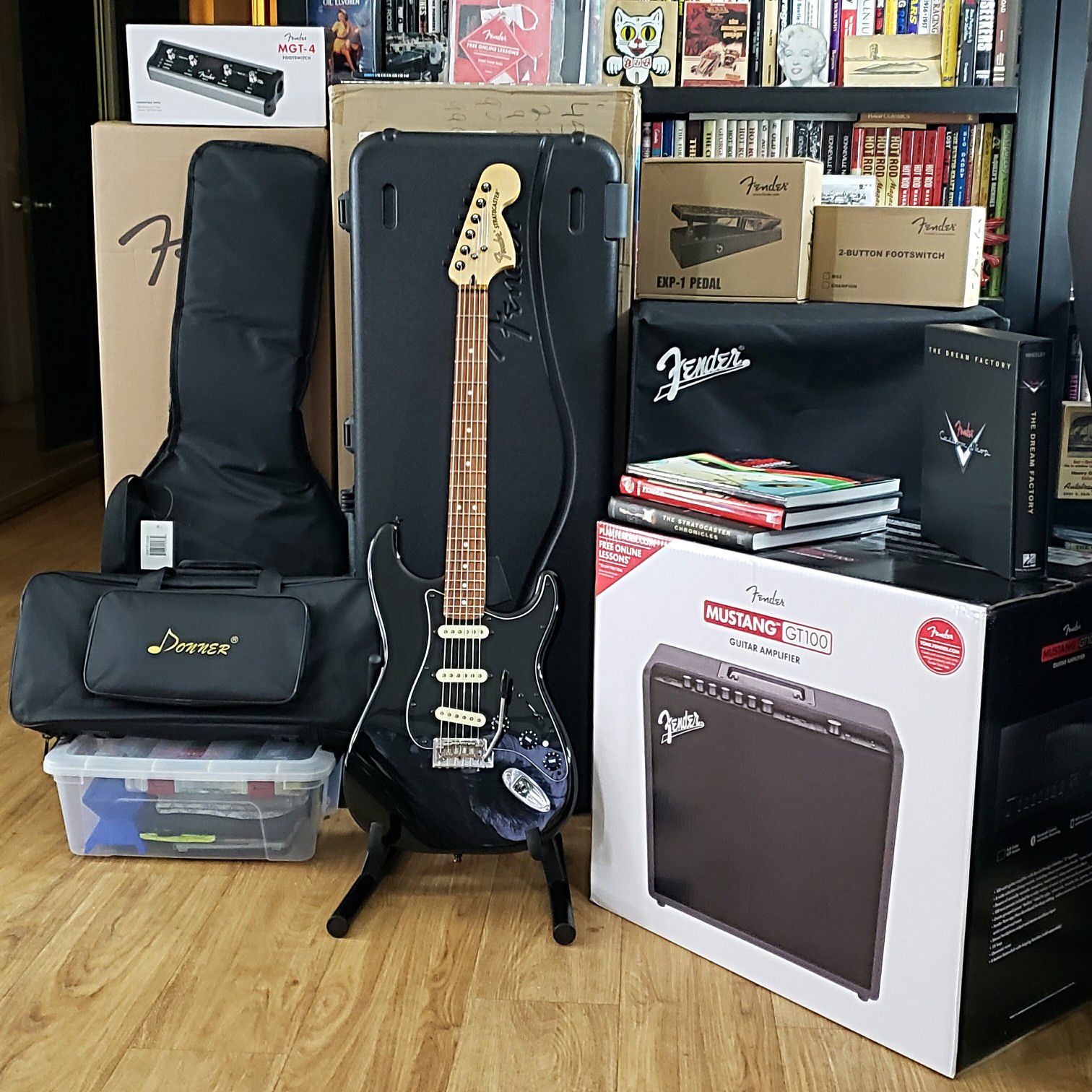 Deluxe Fender Stratocaster, Mustang GT100, Fender Pedals and so much more ALL NEW NEVER USED!