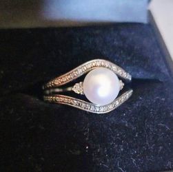Pearl W Diamond Accent In Silver Sz 7