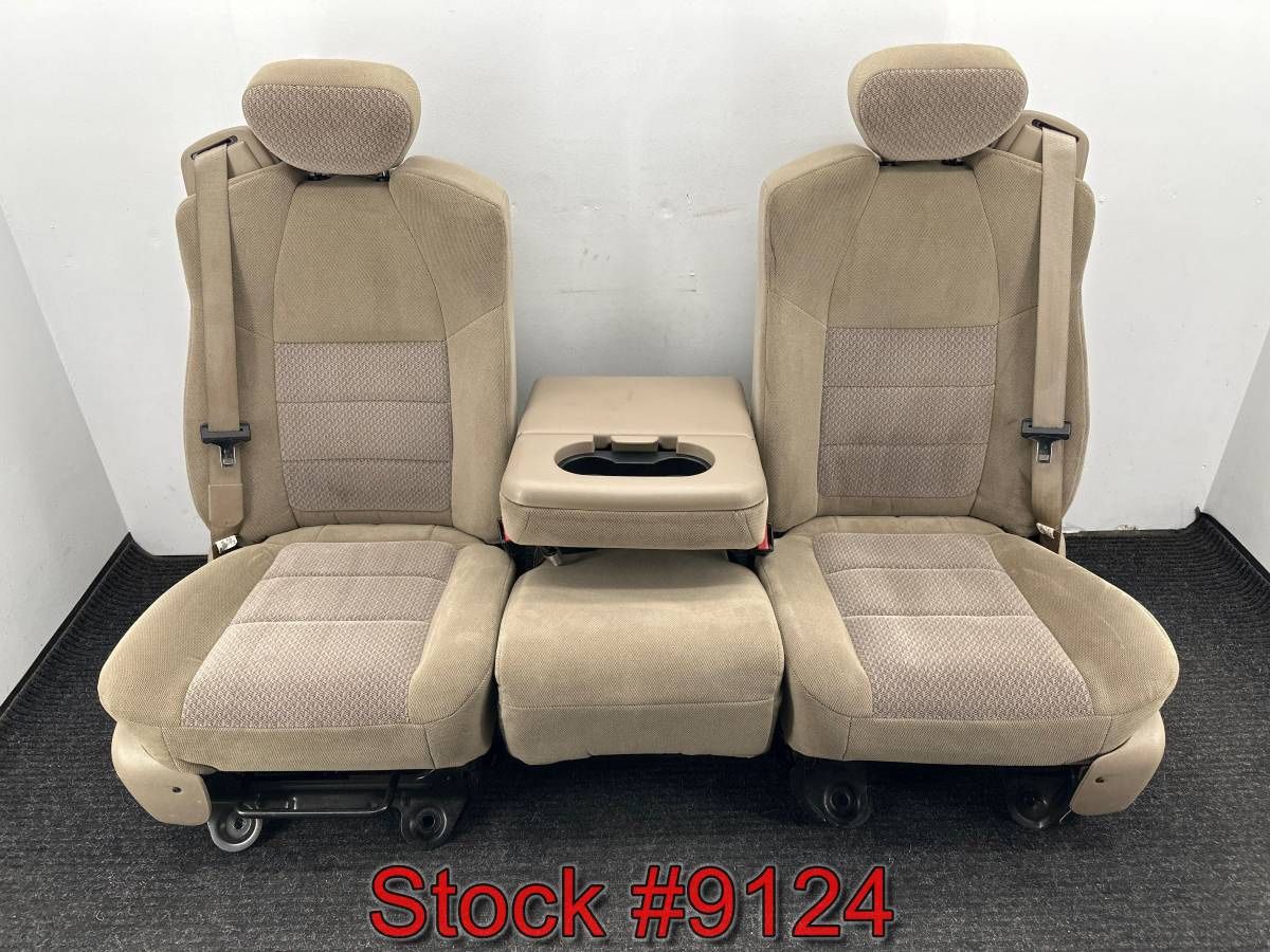 Front Seats For 2001 Through 2004 Ford F250 F350 Super Duty Ext Cab Tan Cloth Bucket Bench Console Stock #9124
