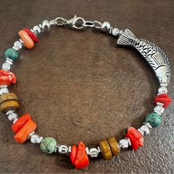 Silver and Orange Coral Beaded Fish Bracelet