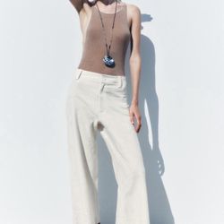 Zara Ladies Of white Embroidered Linen Pants size xSmall 