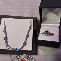 white sapphire sterling silver ring & matching necklace ( blue topaz )