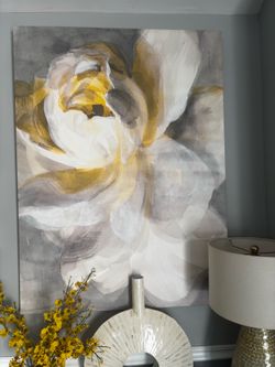 Large Modern Abstract Floral Canvas Wall Art – Gray, White & Gold