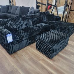 New 2pc Sectional Plus Ottoman In Black Corduroy 