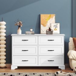 6 Drawer Dresser for Bedroom, 47.2" Large White Dresser TV Stand with Large Drawers & Bar Handles, Modern Chest of Drawers, Wooden Storage