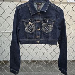  Rocawear Jacket Women  Blue Denim Dark Wash Cropped  Y2K Rhinestone size medium 