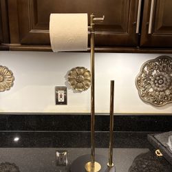Freestanding Toilet Paper Holder Stand with Reserver in Gold with Black Base NEW