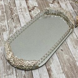 Mirrored Oval Vanity Tray with Silver-tone Grapevine accent