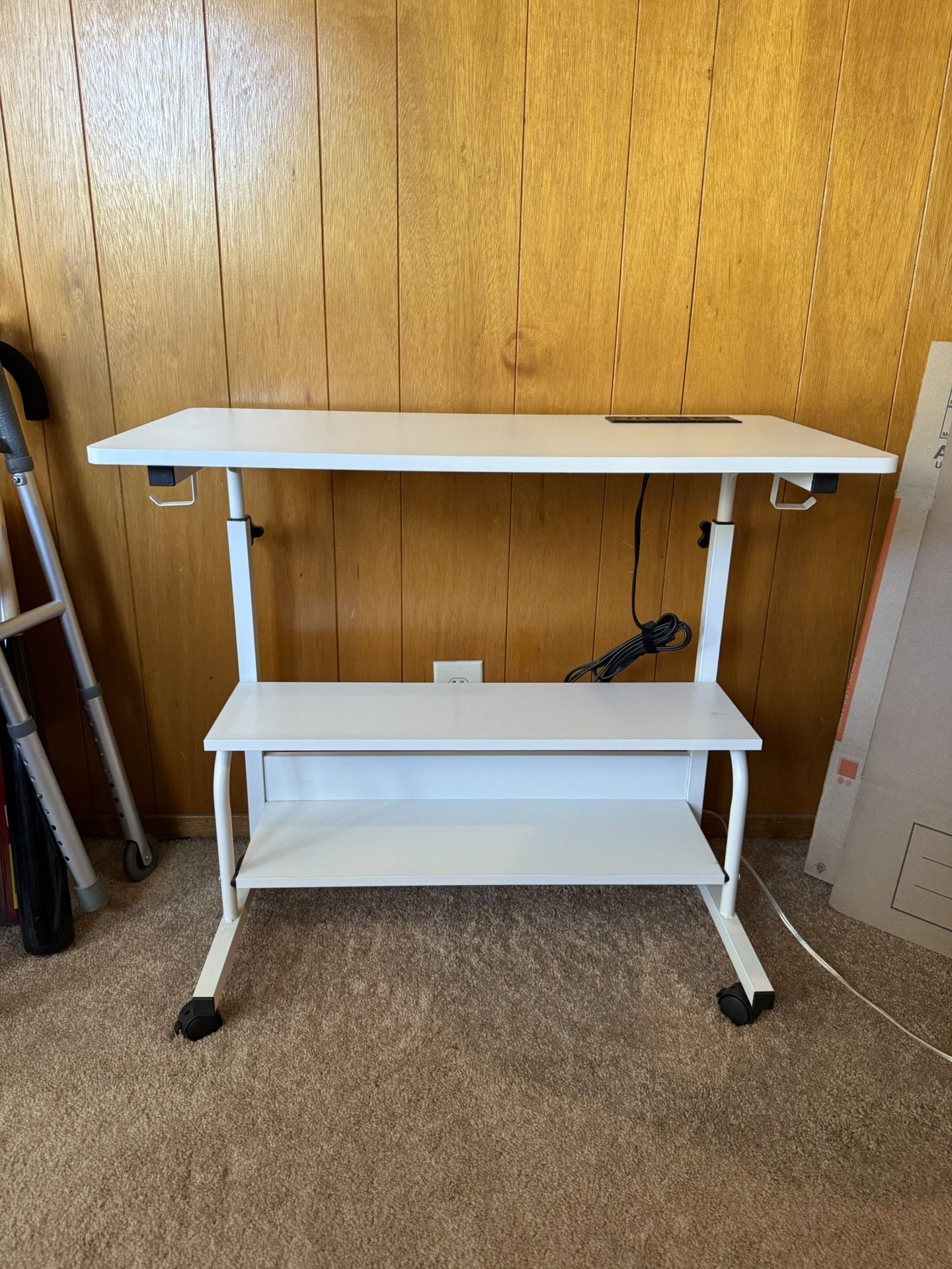 White Roll Away Desk W/ Outlet