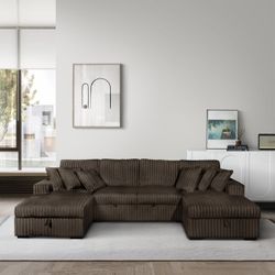 Brand Mew Brown Jumbo Corduroy U-Shaped Pull Out Sectional Sofa w/ Storage Chaises w/ USB + Pillows (123.03" x 62.01" x 36.02" H)