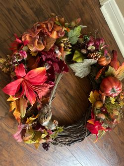 Beautiful fall/Thanksgiving Wreath with branch frame, lots of decoration and little bird