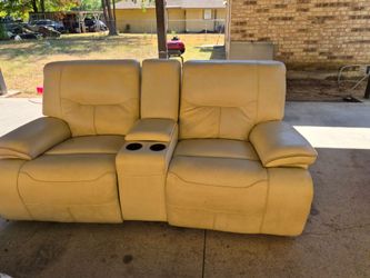 Cream Leather Reclining Loveseat with Console