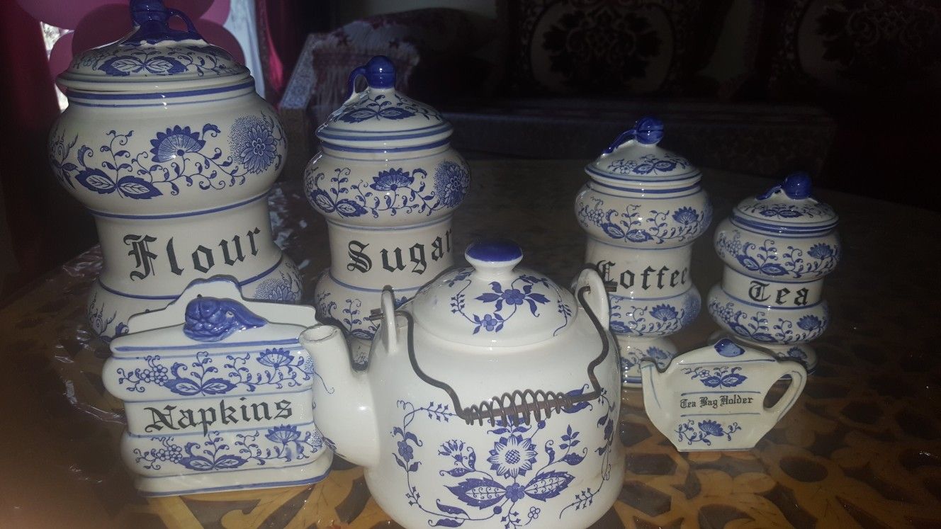 Blue onion canister set ,blue and white canister.