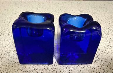 Pier One Cobalt Blue Ice Cube Candle Stick Holders Set Of 2