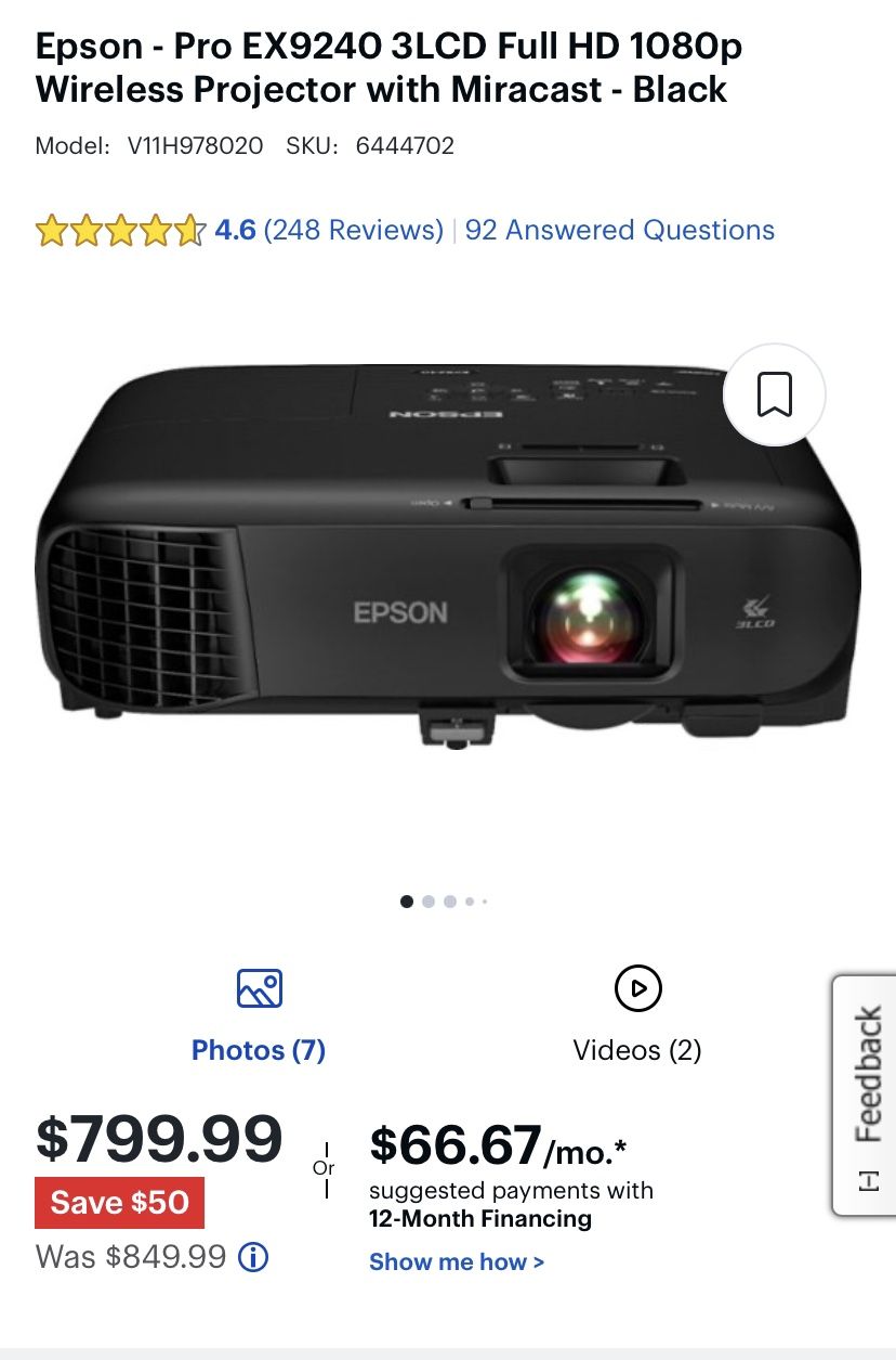 Epson - Pro EX9240 3LCD Full HD 1080p Wireless Projector with Miracast - Black