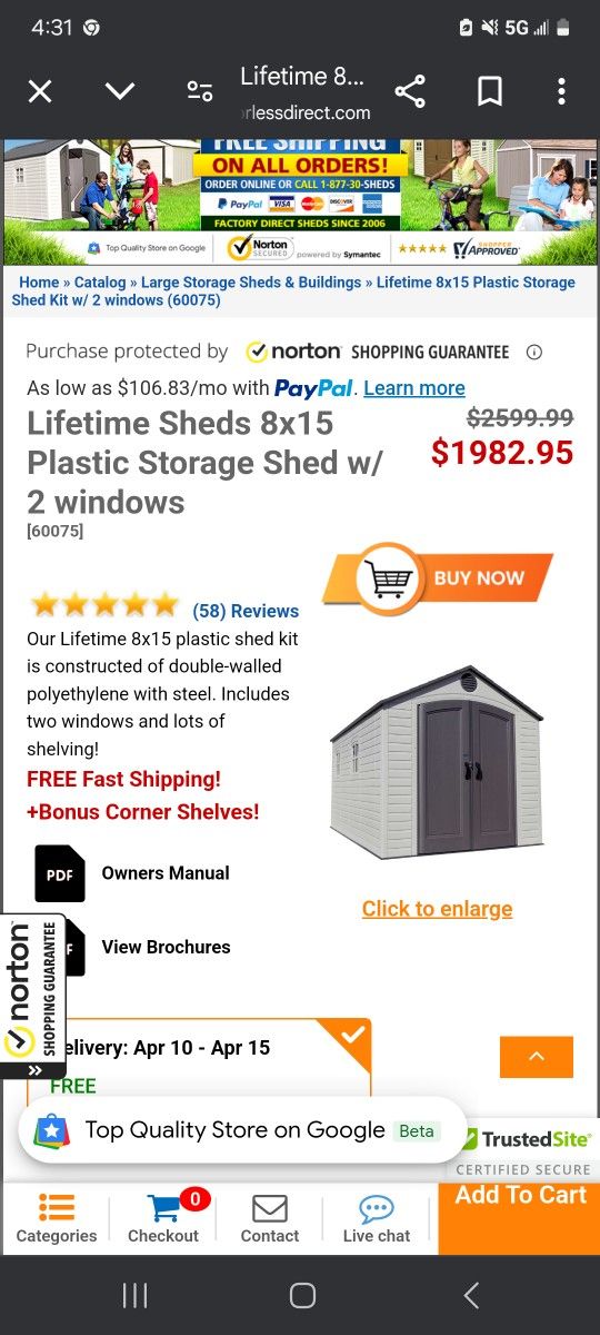 LIFETIME PLASTIC SHED 8X15 DISMANTLED CAN DELIVER