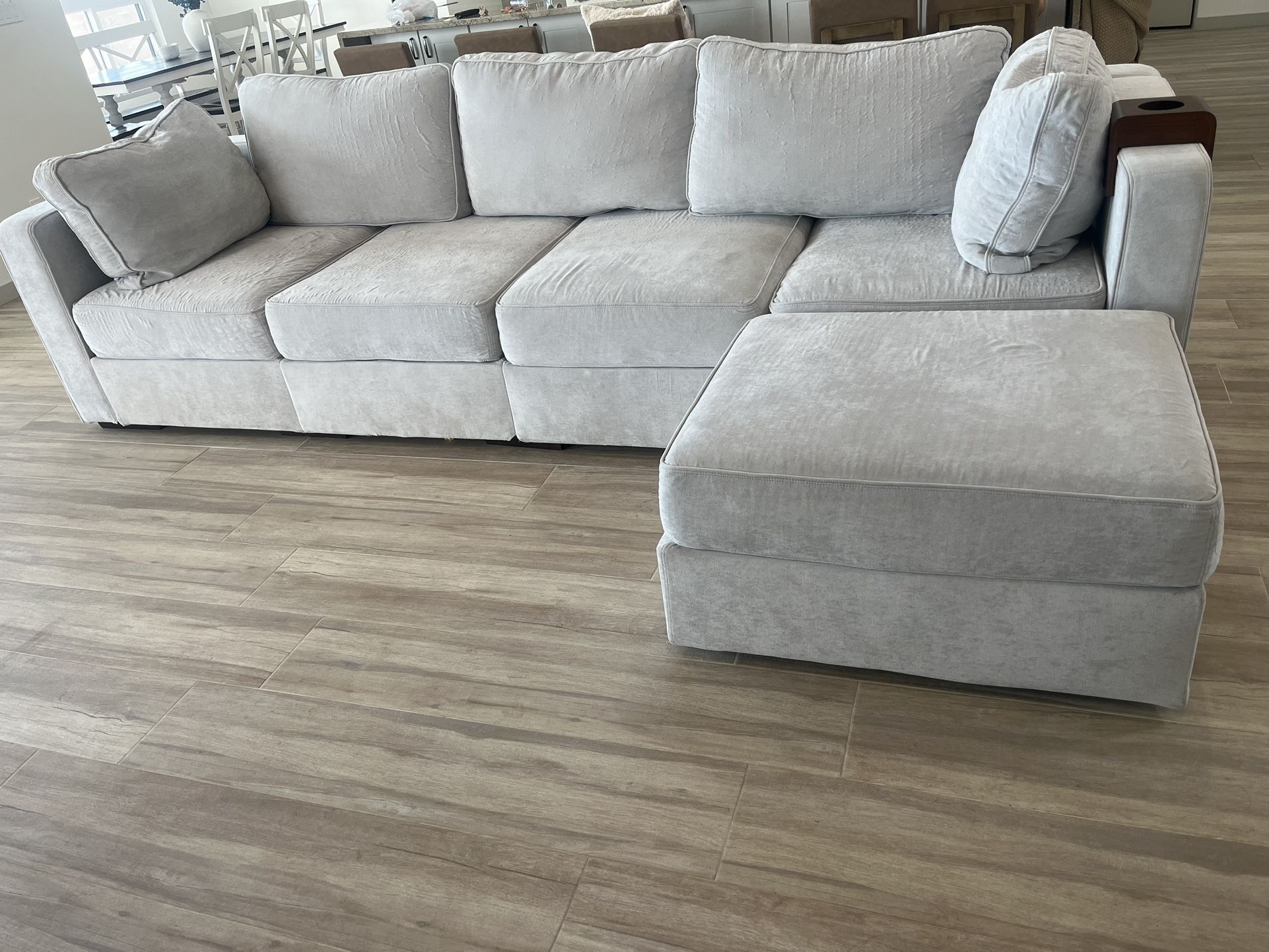 Grey/cream LOVESAC couch with Ottoman, Rearrangable And Washable