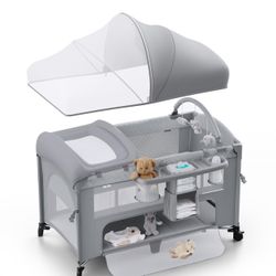 4 in 1 Baby Bassinet, Pack and Play, Bedside Crib Sleeper, Diaper Changer - Comes with Mattress, Mosquito Net，Bottom Storage and Toy Bar for Newborn t