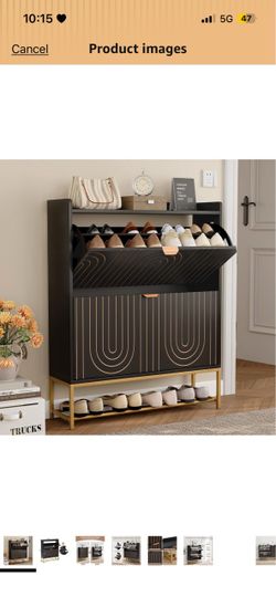 Narrow Shoe Storage Cabinet with 2 Flip Drawers, Wooden Freestanding Hidden Shoes Rack Organizer for Entryway, Mid-Century Modern Shoe Cabinet with Ca