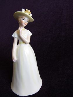 Vintage Lovely Bone China Yellow Flower Hat White Dress Lady BELL