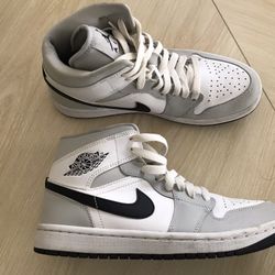 Jordan 1 Mid Women’s 7 White Gray Black