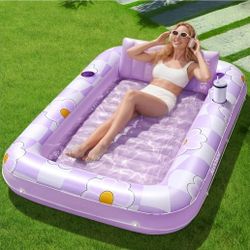 Inflatable Tanning Pool Lounger Float, 70" x 46" Pool Floats Adult with Pillow, 4 in 1 Suntan Tub Raft Floatie,Sunbathing Bed Lounge for Water Blow Up