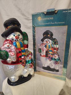 Vintg Hand painted glass frosty the snowman 18" tall in box 288609 Traditions
