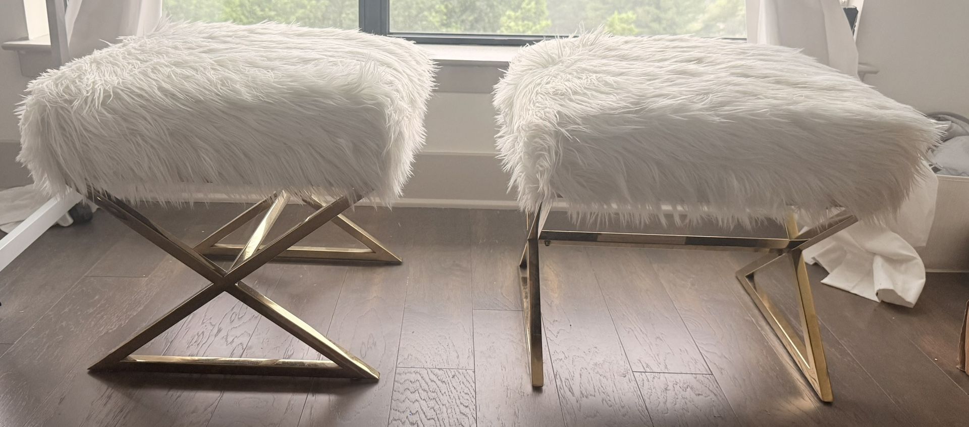 Pair Of White Faux Fur And Gold Stools