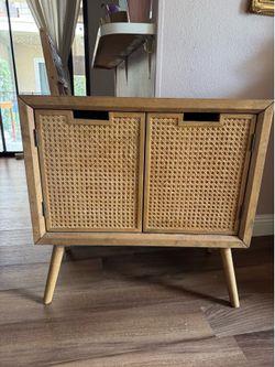 Wood and Rattan mid century cabinet with shelves with magnetic door