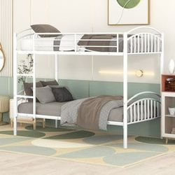 NEW White Twin over Twin Metal Bunk Bed, Divided into Two Beds
