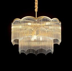 New 22.8”Gold Clear Glass Crystal Chandelier 8-Light 2 Tier Luxury Pendant Adjustable Height Dimmabl