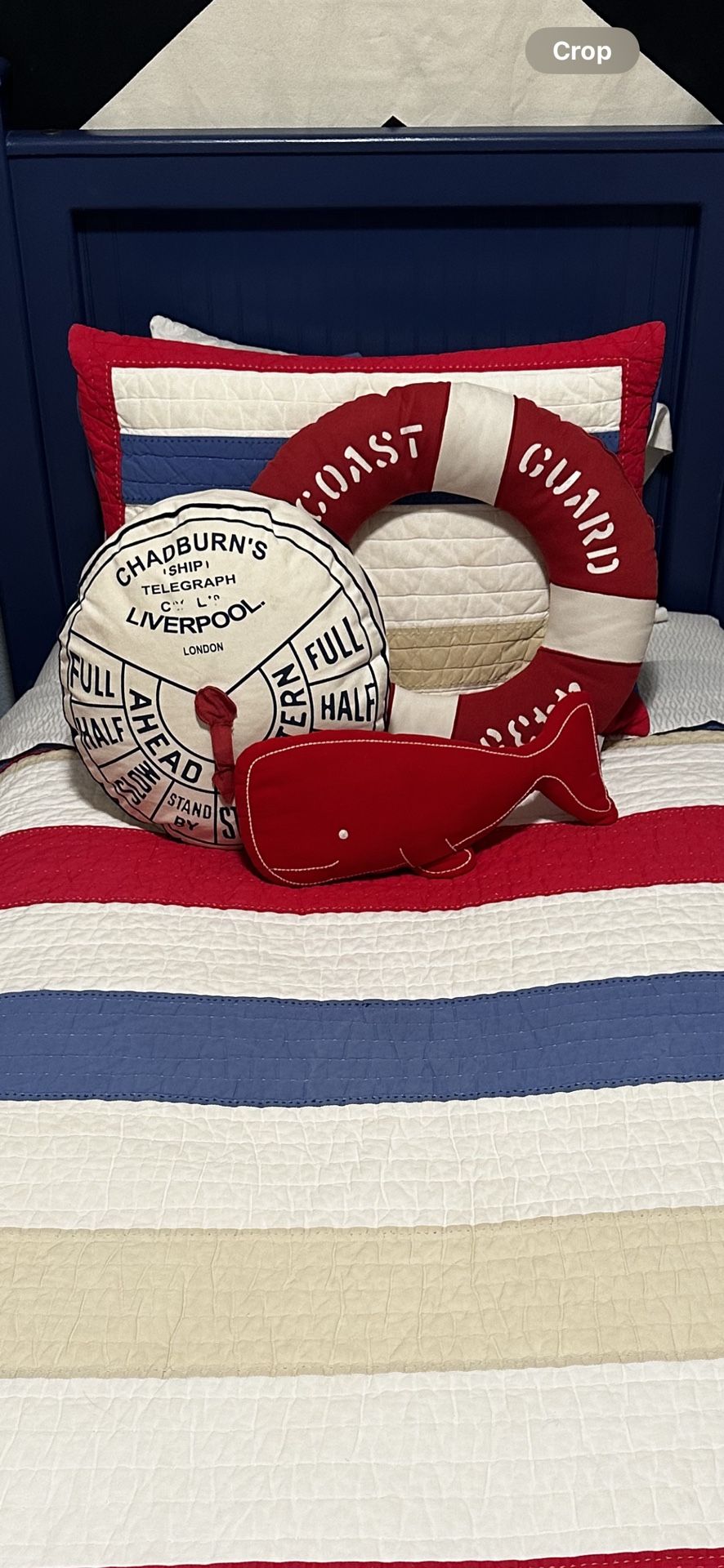 SET of wood Twin Size Bed & Twin Size trundle, Two Mattresses, Bedding With Decorative Pillows, Storage Chest With Custom Pillow And Ottoman