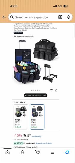 Large Rolling Cleaning Caddy Bag with Wheels, with Detachable Trolley, Cleaning Bags on Wheels for Housekeepers, Cleaning Cart Supplies Organizer for 