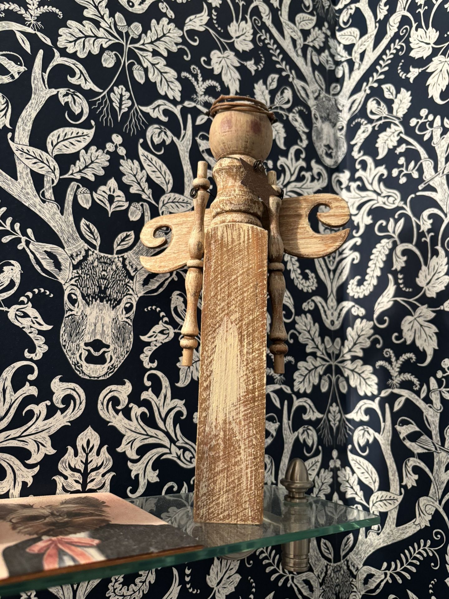 Unique Wooden Spindle, Angel With Metal Star And Halo