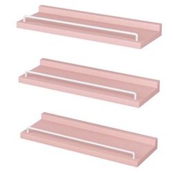 Pink and White Floating Shelves with Metal Rail, Decorative Wall Shelf SET OF 3