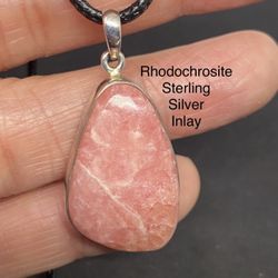 Rhodochrosite Genuine Stone .925 Sterling Silver Inlay Pendant
