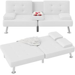 Futon Sofa Bed Modern Folding Futon Set PU Leather Convertible Recliner Lounge for Living Room with 2 Cup Holders, Removable Armrests (PU Leather, Whi