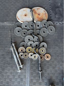 Standard weight plates 197.5lbs plus curl bar and dumbbell handles