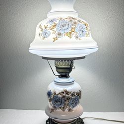 Vintage Gone With The Wind Floral Blue Hurricane Lamp 22" 3 Way Light Antique