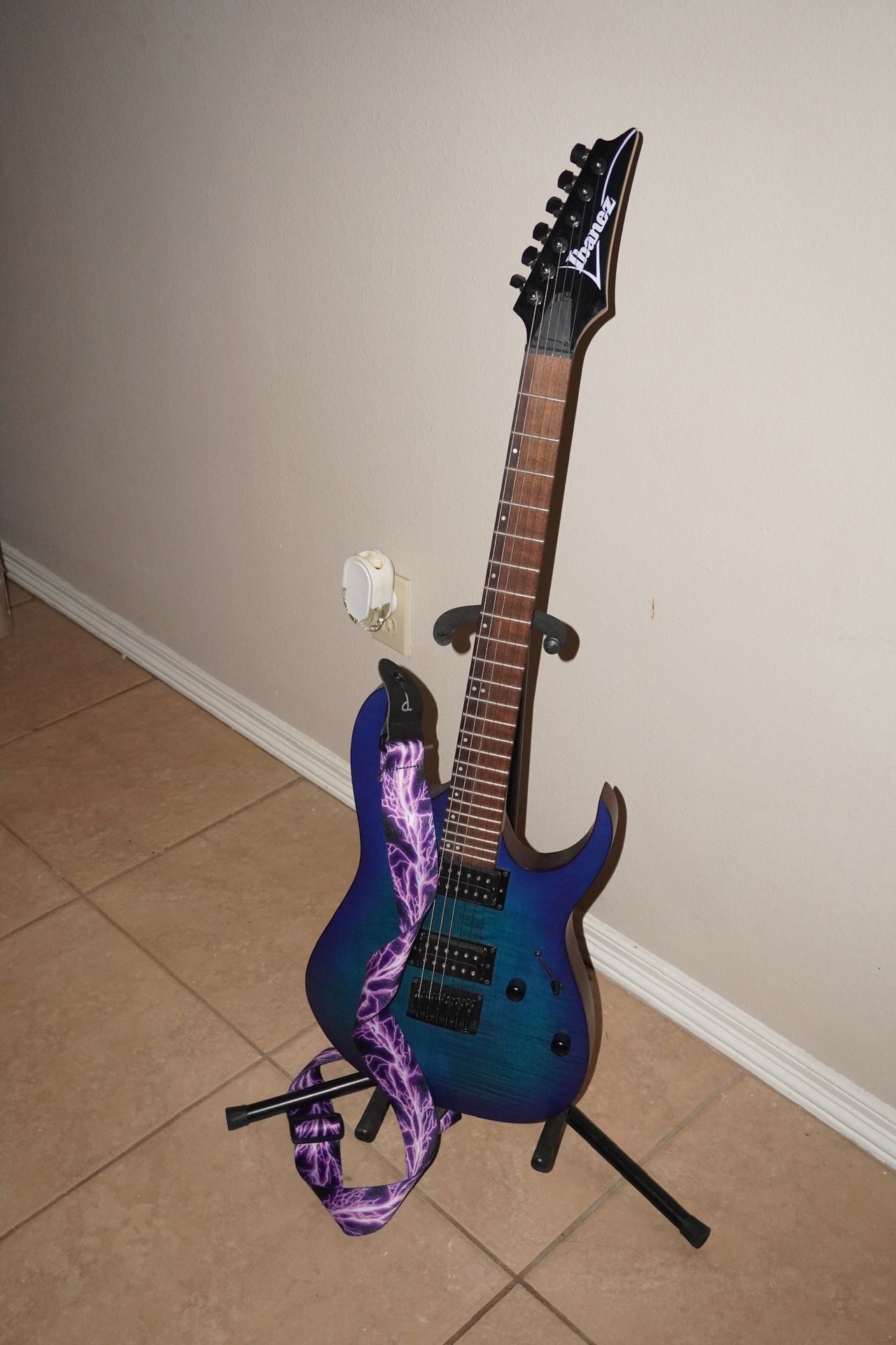 BLUE ELECTRIC GUITAR W/ Purple Lightning Strap (Ibanez RG6003FM Sapphire Blue)