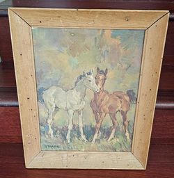 Ray C. Strang"Playmates" Foal Vintage Print in Western Wood Frame Pony Horse 14x17