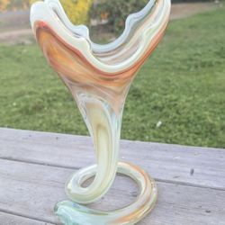 Hand-Blown Art Glass Swirl Vase – 11.5" Freeform Pedestal Sculpture

