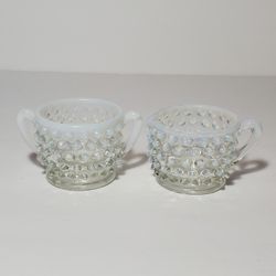 Mini Fenton Hobnail Sugar Bowl and Creamer Opalescent Moonstone 