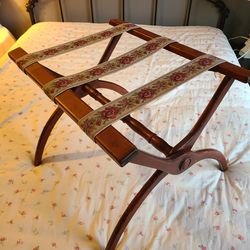 Folding Luggage Suitcase Rack Stand Wooden Canvas Straps Vintage hptel