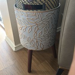 12inch Plant Pots with Wood Planter Holder Indoor Flower Pot with Gold Floral Embossed Modern Planters with Drainage Holes for Living Room, Office, Ga