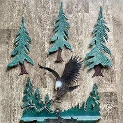 Vintage Bald Eagle Rustic Metal 3D Wall Art (13.5"x13") With 3 Trees