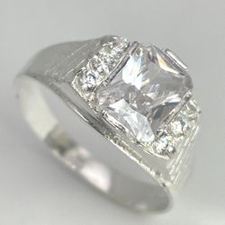925 Sterling Silver Clear CZ Rectangular Men’s Ring – Vintage Style with Accents