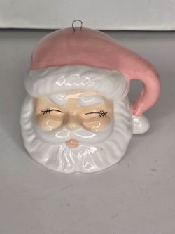 Vintage Style Pastel Pink Santa Claus Head Ceramic Christmas Ornament Winking