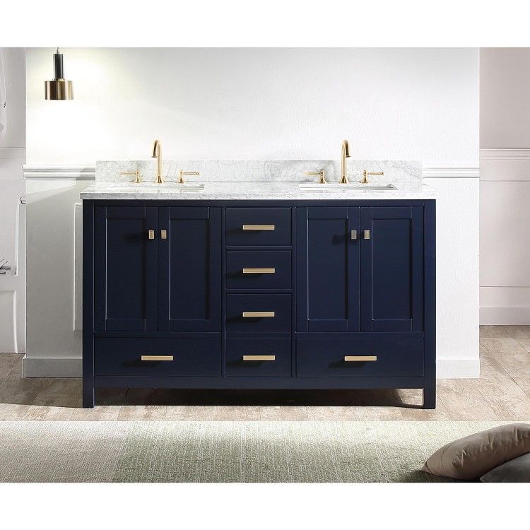 Whitney 60 in. W x 22 in. D x 36.2 in. H Bath Vanity in Navy Blue with Marble Vanity Top in White with White Basin Clearance Sale