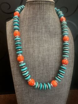 Turquoise & Orange Howlite Beaded Statement Necklace